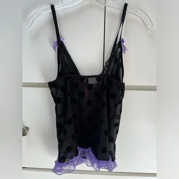 7 til Midnight black on black polka dot and purple cami and panty set. Size S/M - Picture 5 of 11